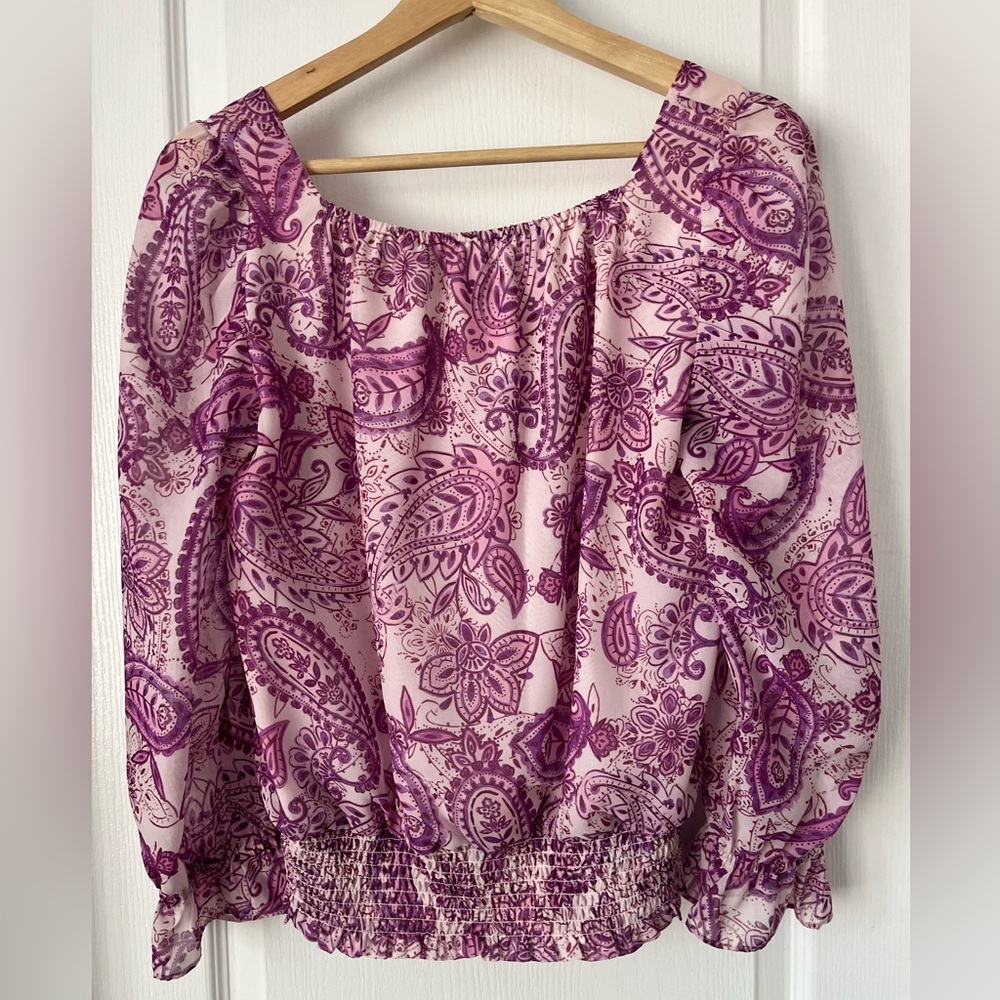 MELANIE LYNE Purple Paisley Square Neck Blouse Smocked Waist Size 4 - Picture 7 of 7